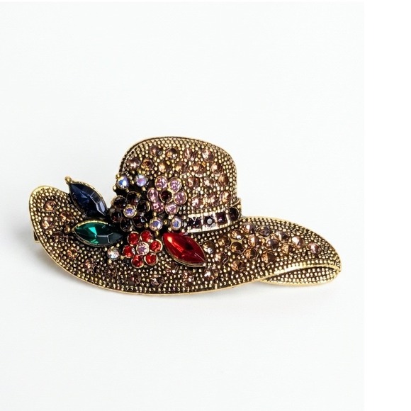 Source Unknown Jewelry - Unbranded Vintage Style Sun Hat Brooch Gold Tone Rhinestone Crystal Floral Pin